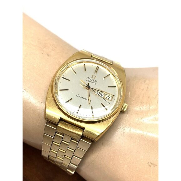 Omega Seamaster Men's Watch 1345 Vintage Swiss Quartz Day Date Gold Steel 34mm - Picture 5 of 14